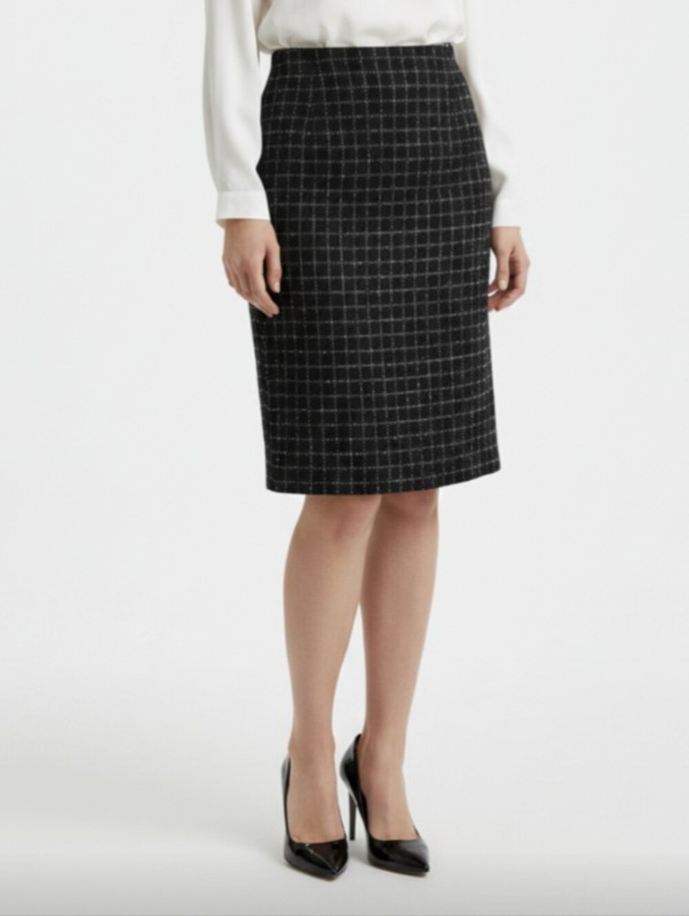 NWOT! JONES NEW YORK! FINE WOOL BLACK/WHITE NUBBY WEAVE PLAID PENCIL SKIRT! SZ 6